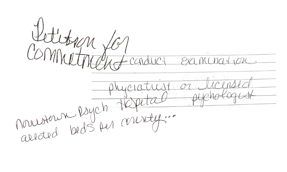 Handwritten messages layered over each other. The messages say Petition for Commitment, conduct examination, phyciatrist (sic) or licensed pychologist (sic), Norristown Psych Hospital alloted (sic) beds per county